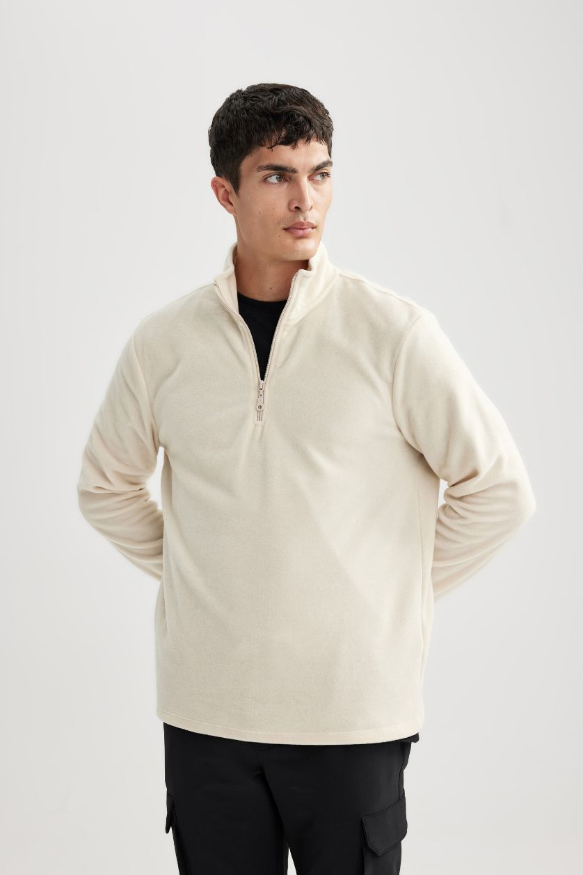 Erkek Ekru Ekru Tüylenme Yapmayan Soğuk Geçirmez  Regular Fit Dik Yaka Fermuarlı Polar Sweatshirt