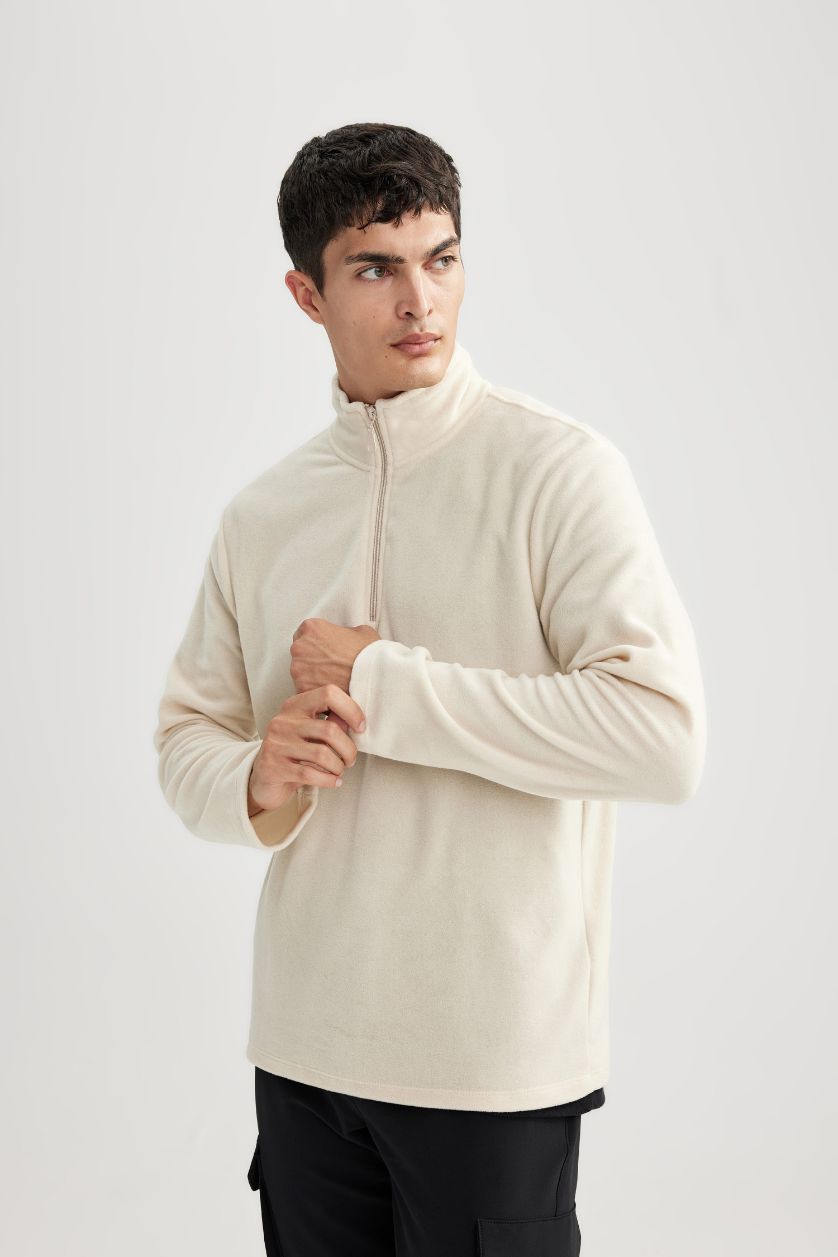 Erkek Ekru Ekru Tüylenme Yapmayan Soğuk Geçirmez  Regular Fit Dik Yaka Fermuarlı Polar Sweatshirt