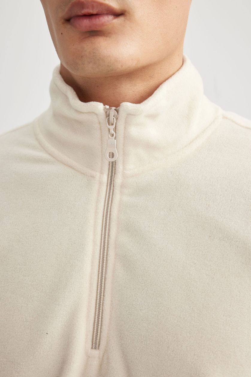 Erkek Ekru Ekru Tüylenme Yapmayan Soğuk Geçirmez  Regular Fit Dik Yaka Fermuarlı Polar Sweatshirt
