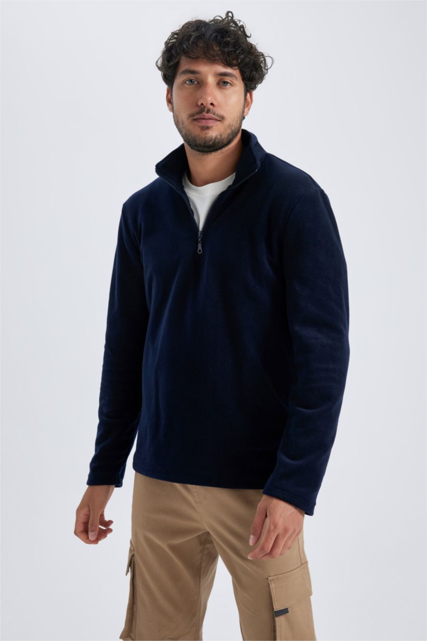 MAN NAVY Regular Fit Stand Collar Zippered Fleece Sweatshirt