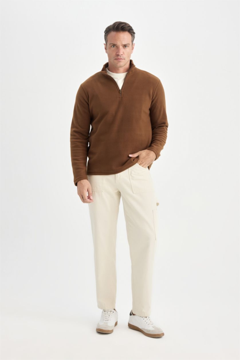 Erkek Kahve Kahverengi Tüylenme Yapmayan Soğuk Geçirmez  Regular Fit Dik Yaka Fermuarlı Polar Sweatshirt