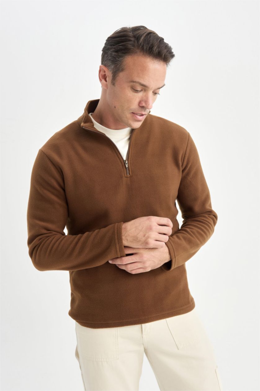 Erkek Kahve Kahverengi Tüylenme Yapmayan Soğuk Geçirmez  Regular Fit Dik Yaka Fermuarlı Polar Sweatshirt