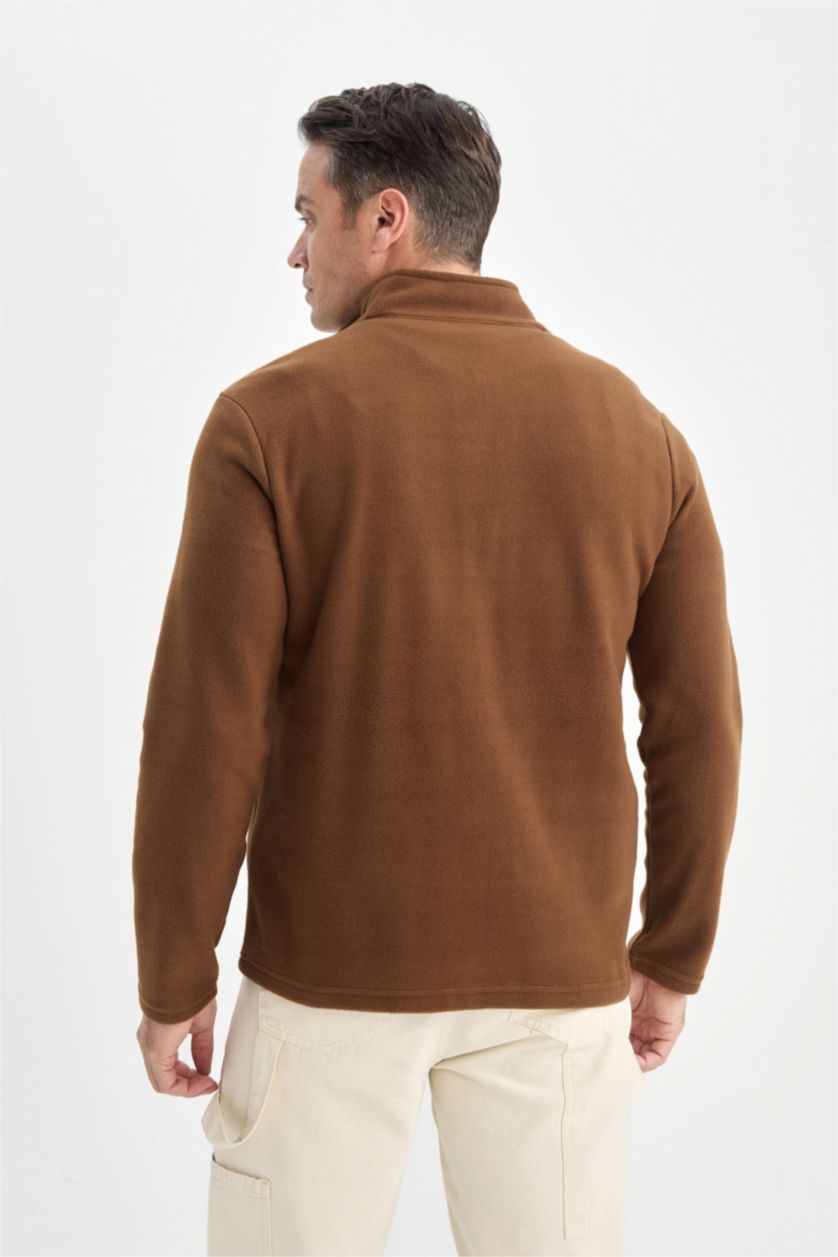 Erkek Kahve Kahverengi Tüylenme Yapmayan Soğuk Geçirmez  Regular Fit Dik Yaka Fermuarlı Polar Sweatshirt