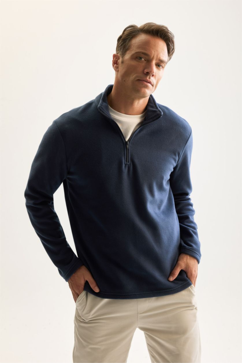 Erkek Açık İndigo Lacivert Tüylenme Yapmayan Soğuk Geçirmez Regular Fit Dik Yaka Fermuarlı Polar Sweatshirt