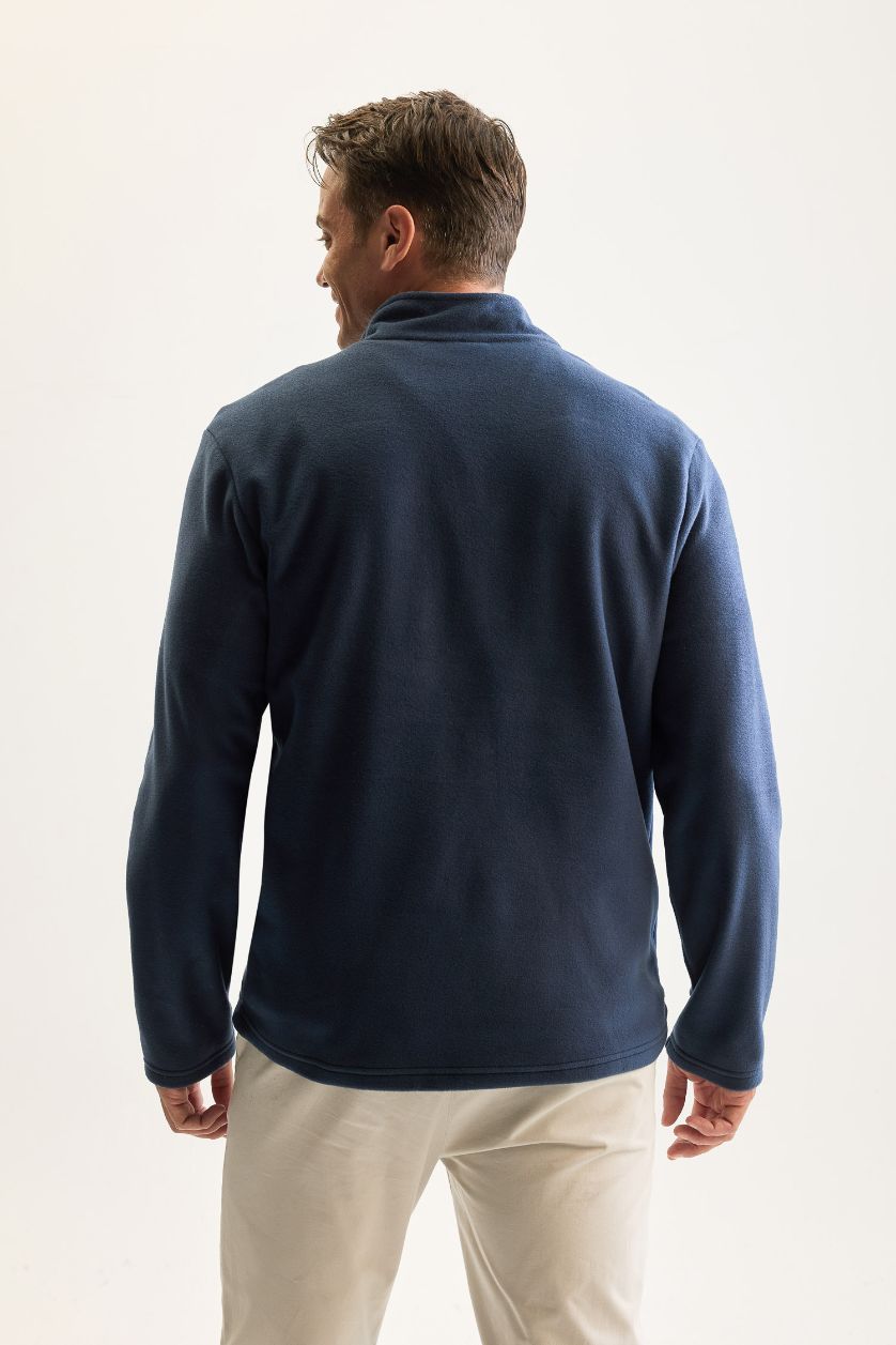 Erkek Açık İndigo Lacivert Tüylenme Yapmayan Soğuk Geçirmez Regular Fit Dik Yaka Fermuarlı Polar Sweatshirt