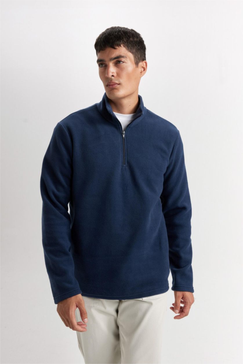 Erkek Açık İndigo Lacivert Tüylenme Yapmayan Soğuk Geçirmez Regular Fit Dik Yaka Fermuarlı Polar Sweatshirt