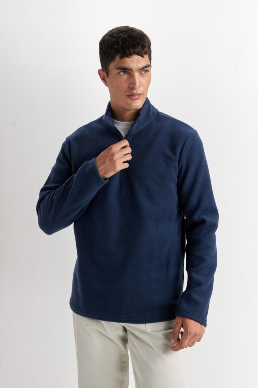Erkek Açık İndigo Lacivert Tüylenme Yapmayan Soğuk Geçirmez Regular Fit Dik Yaka Fermuarlı Polar Sweatshirt