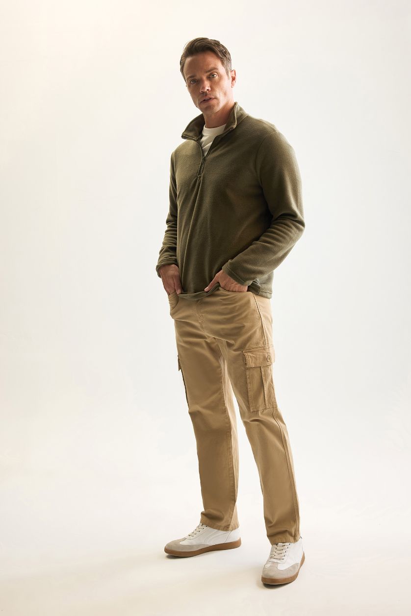 Erkek Meşe Yeşili Haki Tüylenme Yapmayan Soğuk Geçirmez  Regular Fit Dik Yaka Fermuarlı Polar Sweatshirt