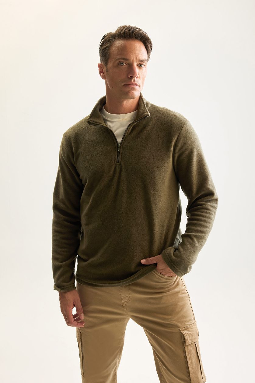 Erkek Meşe Yeşili Haki Tüylenme Yapmayan Soğuk Geçirmez  Regular Fit Dik Yaka Fermuarlı Polar Sweatshirt