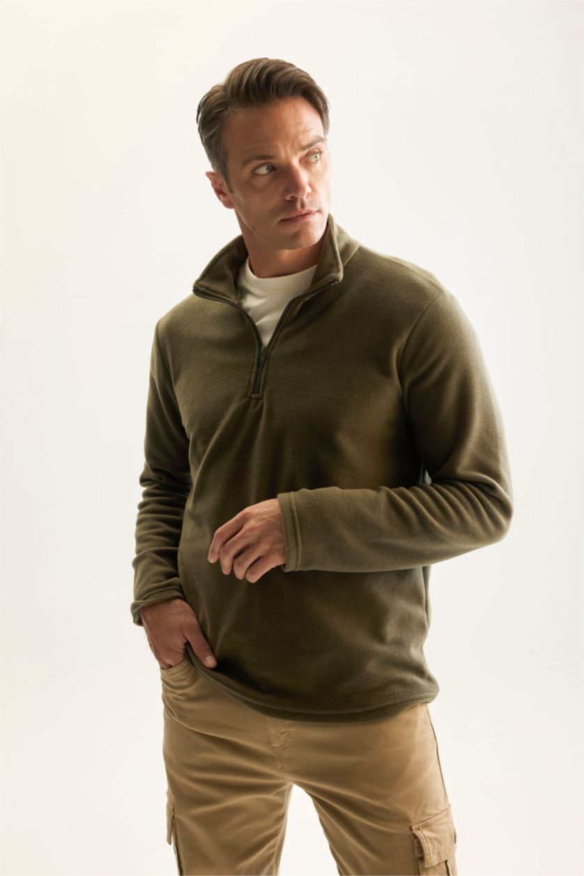 Erkek Meşe Yeşili Haki Tüylenme Yapmayan Soğuk Geçirmez  Regular Fit Dik Yaka Fermuarlı Polar Sweatshirt