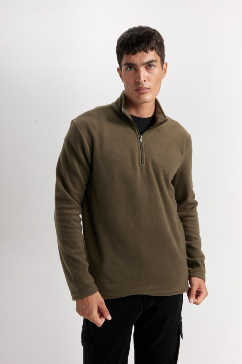 Erkek Meşe Yeşili Haki Tüylenme Yapmayan Soğuk Geçirmez  Regular Fit Dik Yaka Fermuarlı Polar Sweatshirt