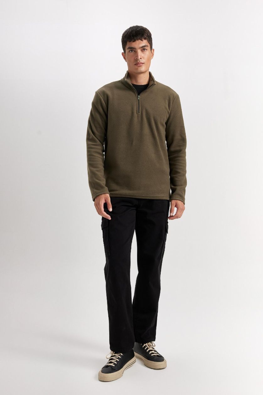 Erkek Meşe Yeşili Haki Tüylenme Yapmayan Soğuk Geçirmez  Regular Fit Dik Yaka Fermuarlı Polar Sweatshirt
