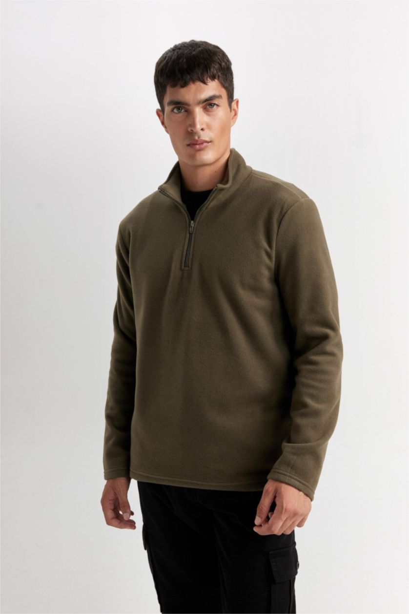 Erkek Meşe Yeşili Haki Tüylenme Yapmayan Soğuk Geçirmez  Regular Fit Dik Yaka Fermuarlı Polar Sweatshirt