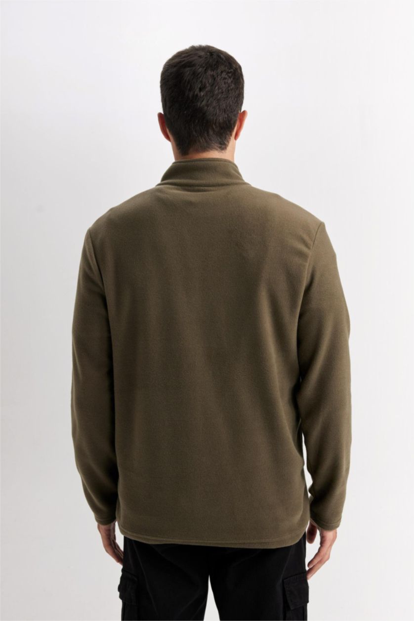 Erkek Meşe Yeşili Haki Tüylenme Yapmayan Soğuk Geçirmez  Regular Fit Dik Yaka Fermuarlı Polar Sweatshirt