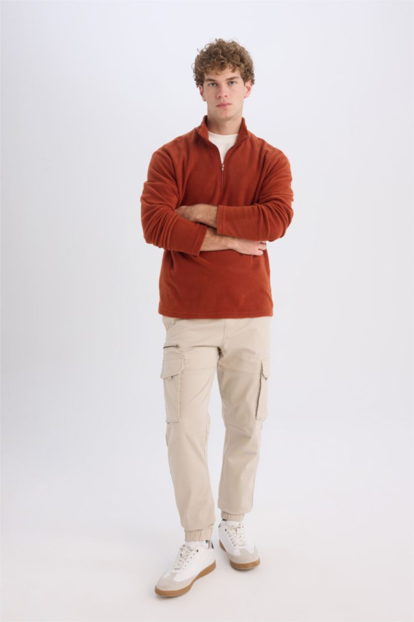 Erkek Kiremit Turuncu Tüylenme Yapmayan Soğuk Geçirmez  Regular Fit Dik Yaka Fermuarlı Polar Sweatshirt