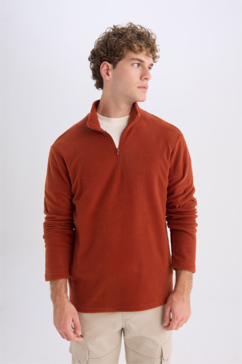 Erkek Kiremit Turuncu Tüylenme Yapmayan Soğuk Geçirmez  Regular Fit Dik Yaka Fermuarlı Polar Sweatshirt