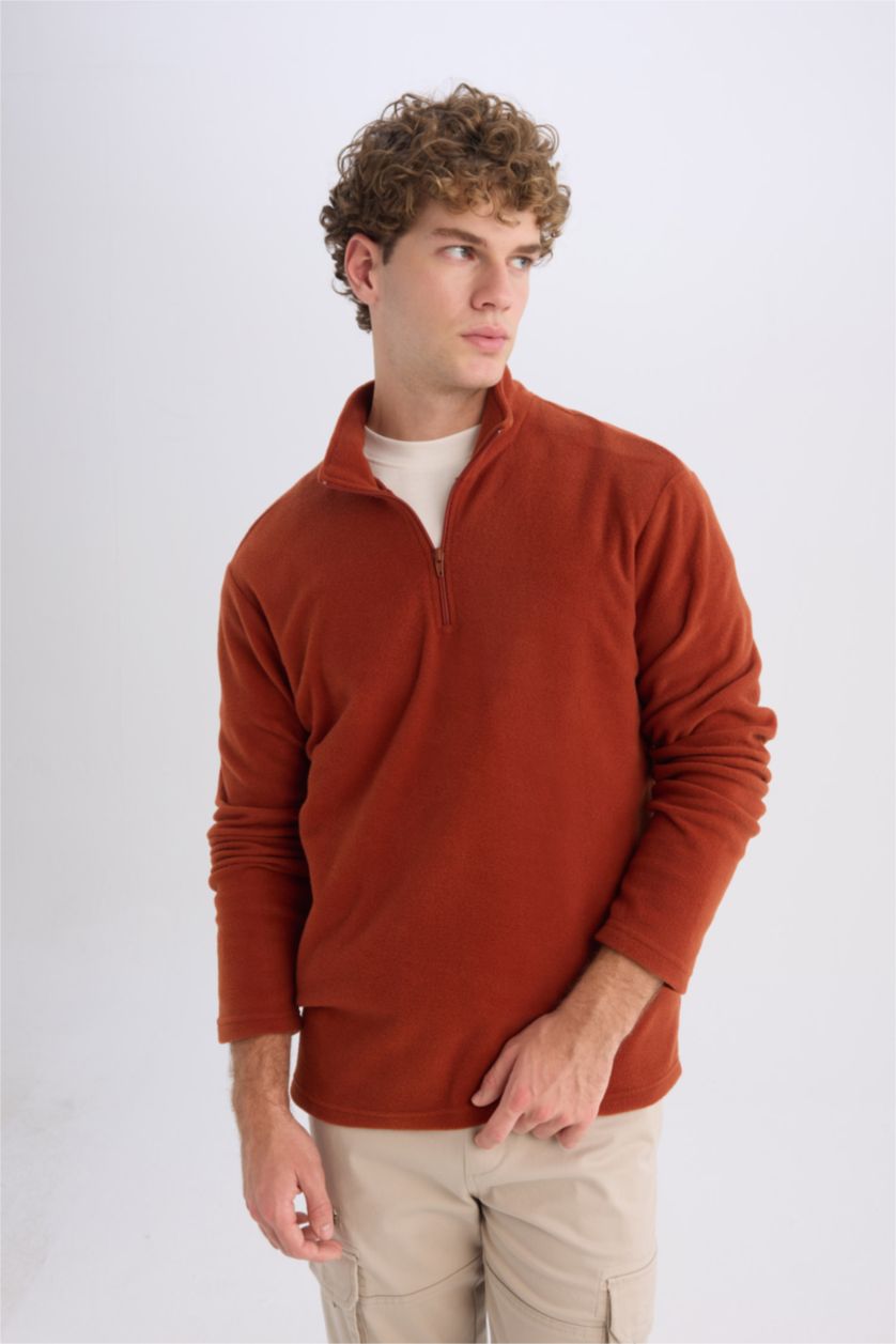 Erkek Kiremit Turuncu Tüylenme Yapmayan Soğuk Geçirmez  Regular Fit Dik Yaka Fermuarlı Polar Sweatshirt