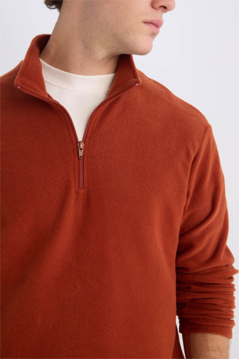Erkek Kiremit Turuncu Tüylenme Yapmayan Soğuk Geçirmez  Regular Fit Dik Yaka Fermuarlı Polar Sweatshirt