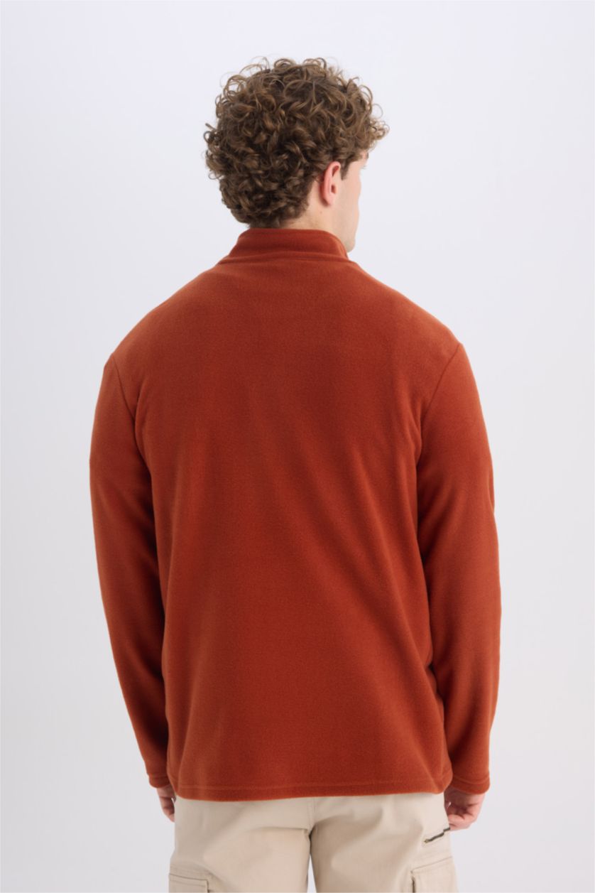Erkek Kiremit Turuncu Tüylenme Yapmayan Soğuk Geçirmez  Regular Fit Dik Yaka Fermuarlı Polar Sweatshirt
