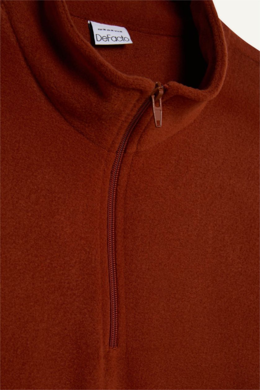 Erkek Kiremit Turuncu Tüylenme Yapmayan Soğuk Geçirmez  Regular Fit Dik Yaka Fermuarlı Polar Sweatshirt