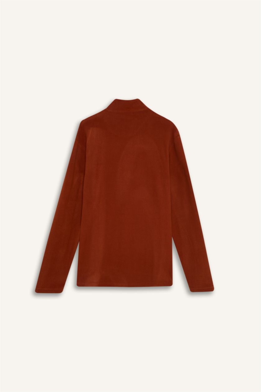 Erkek Kiremit Turuncu Tüylenme Yapmayan Soğuk Geçirmez  Regular Fit Dik Yaka Fermuarlı Polar Sweatshirt