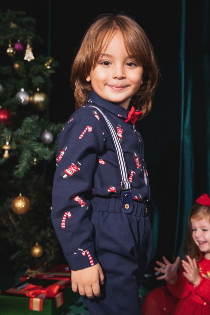 Erkek Bebek İndigo Erkek Bebek Yılbaşı Temalı Twill Uzun Kollu Gömlek Papyon Takım