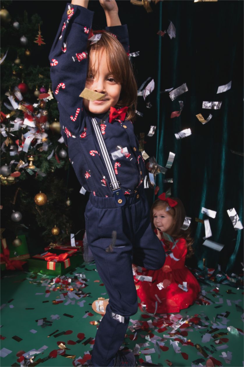 Erkek Bebek İndigo Erkek Bebek Yılbaşı Temalı Twill Uzun Kollu Gömlek Papyon Takım