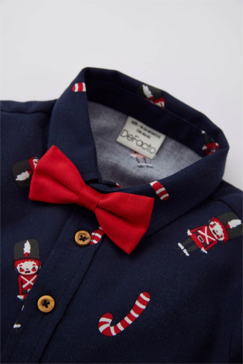 Erkek Bebek İndigo Erkek Bebek Yılbaşı Temalı Twill Uzun Kollu Gömlek Papyon Takım