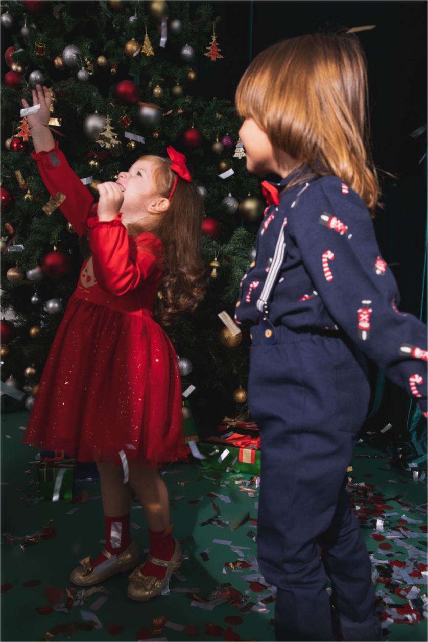 Erkek Bebek İndigo Erkek Bebek Yılbaşı Temalı Twill Uzun Kollu Gömlek Papyon Takım