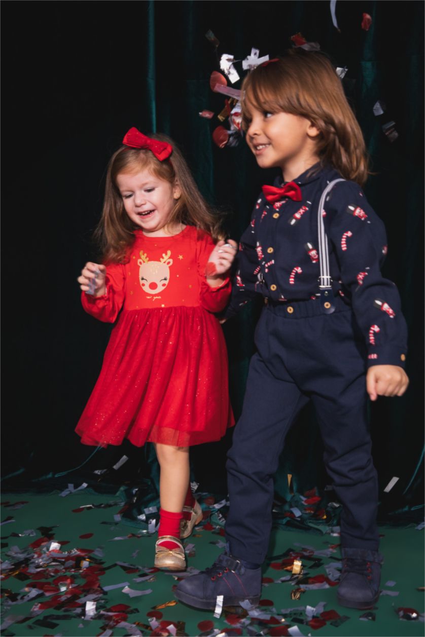 Erkek Bebek İndigo Erkek Bebek Yılbaşı Temalı Twill Uzun Kollu Gömlek Papyon Takım