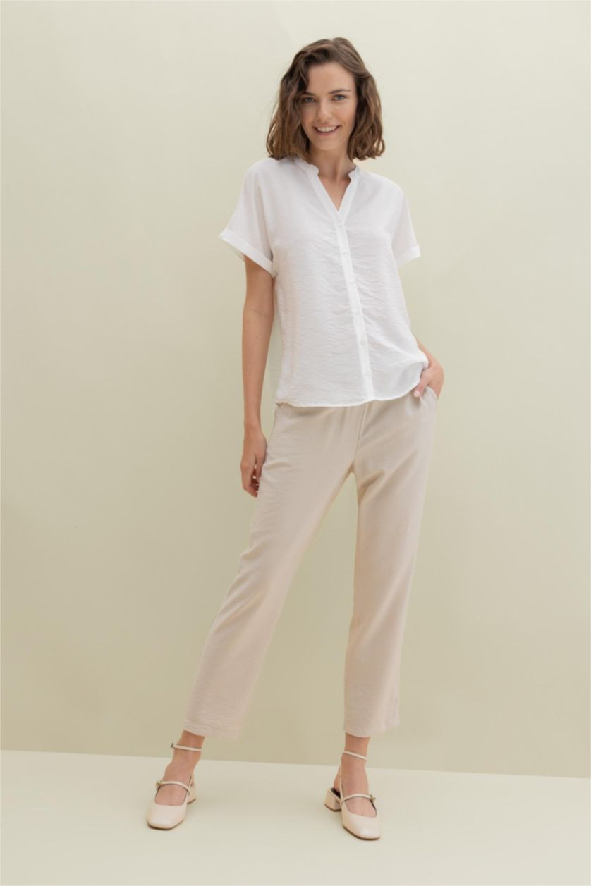 FEMME Blanc Chemise à manches courtes à col rond à motifs, coupe régulière