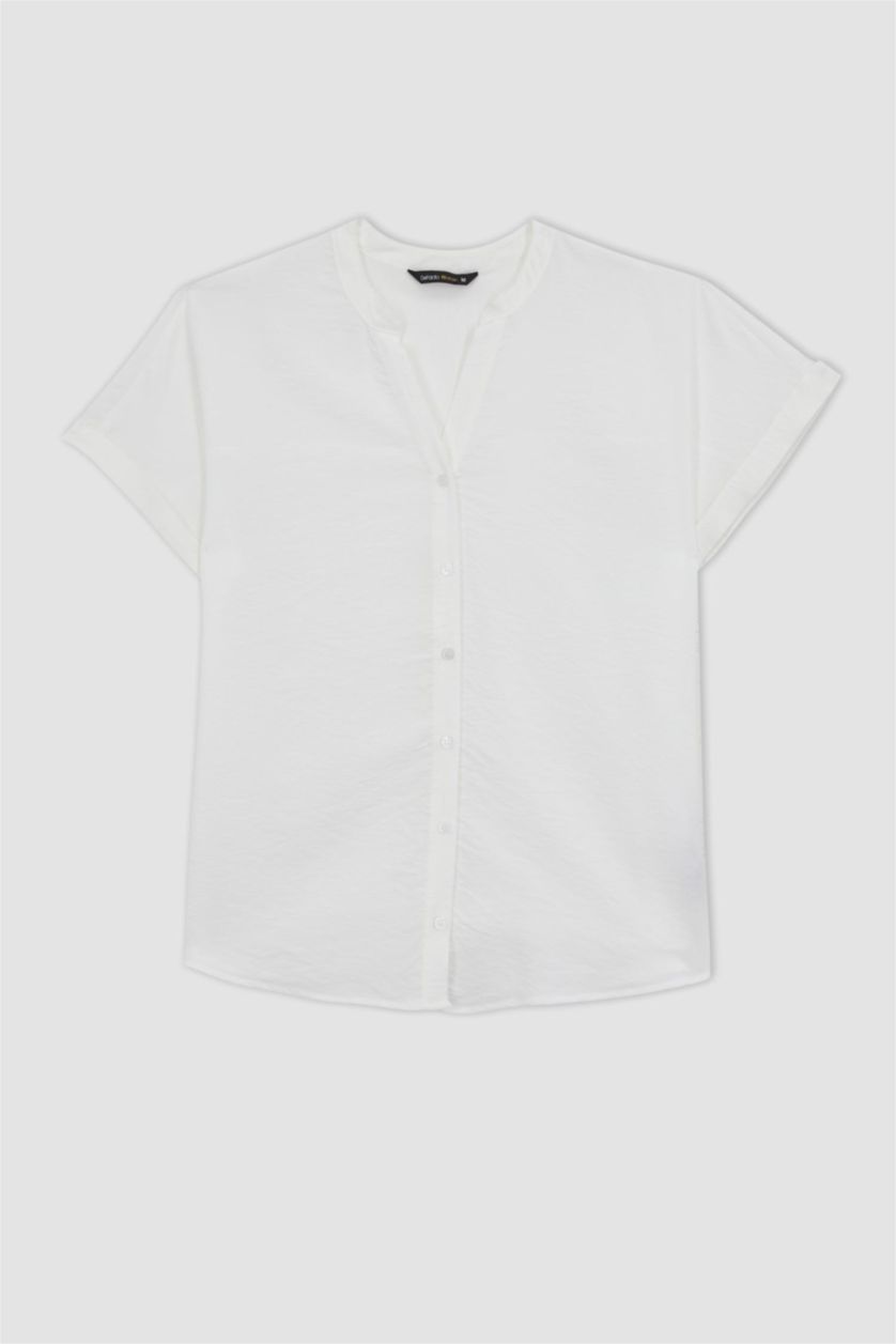 FEMME Blanc Chemise à manches courtes à col rond à motifs, coupe régulière