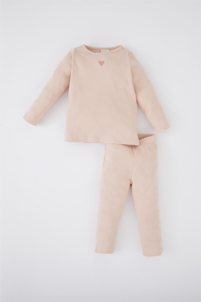 BABY GIRL Pink 2 piece Regular Fit Crew Neck Embroidered Knitted Pyjamas
