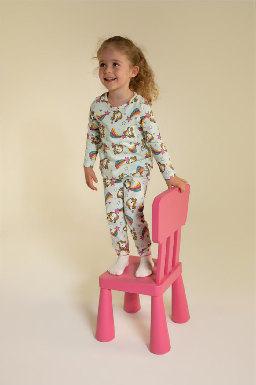 Малыши девочки Светлый аквамарин Пижама вязанная 2 шт. стандартного кроя единорог с длинным рукавом из ткани суприм для малышей девочек