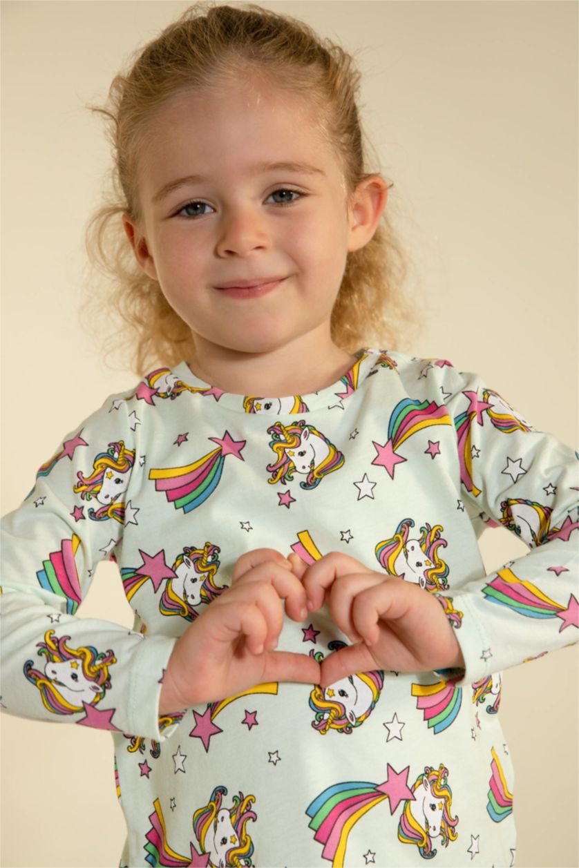 Малыши девочки Светлый аквамарин Пижама вязанная 2 шт. стандартного кроя единорог с длинным рукавом из ткани суприм для малышей девочек