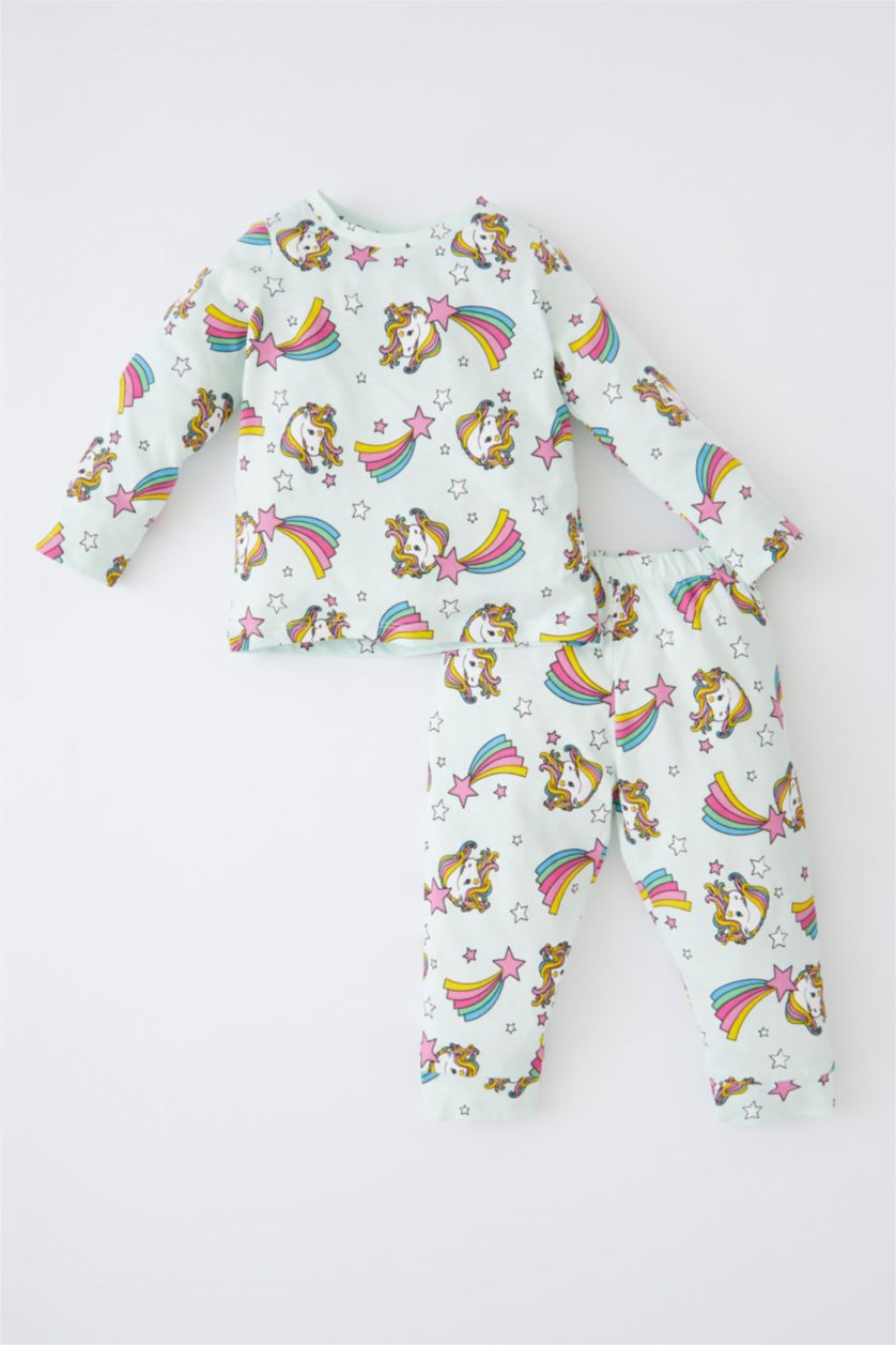 Малыши девочки Светлый аквамарин Пижама вязанная 2 шт. стандартного кроя единорог с длинным рукавом из ткани суприм для малышей девочек