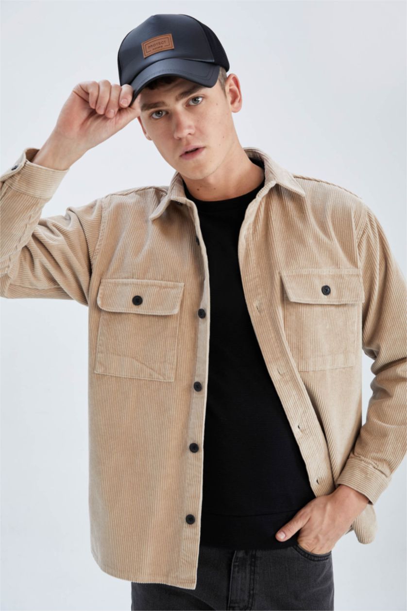 Erkek Kum Relax Fıt Kadife Uzun Kollu Gömlek