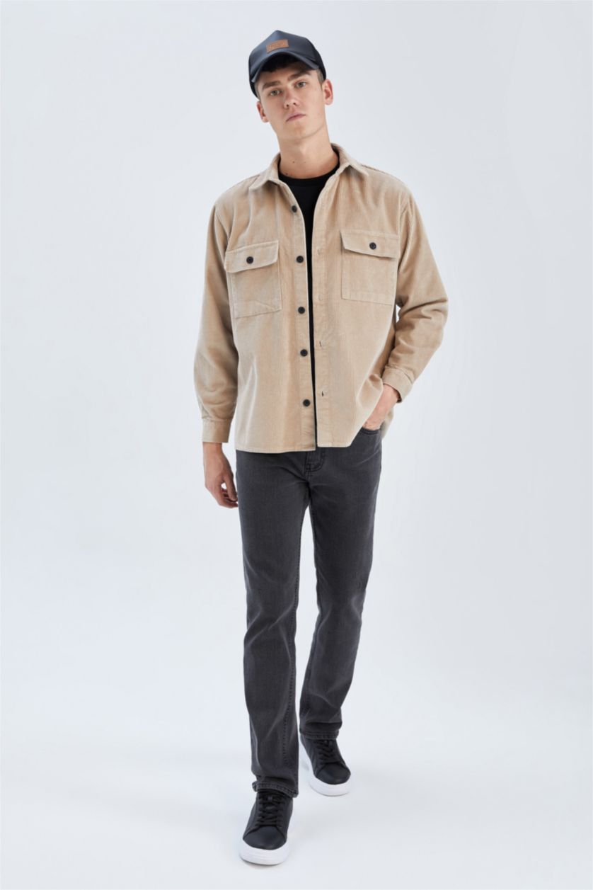 Erkek Kum Relax Fıt Kadife Uzun Kollu Gömlek