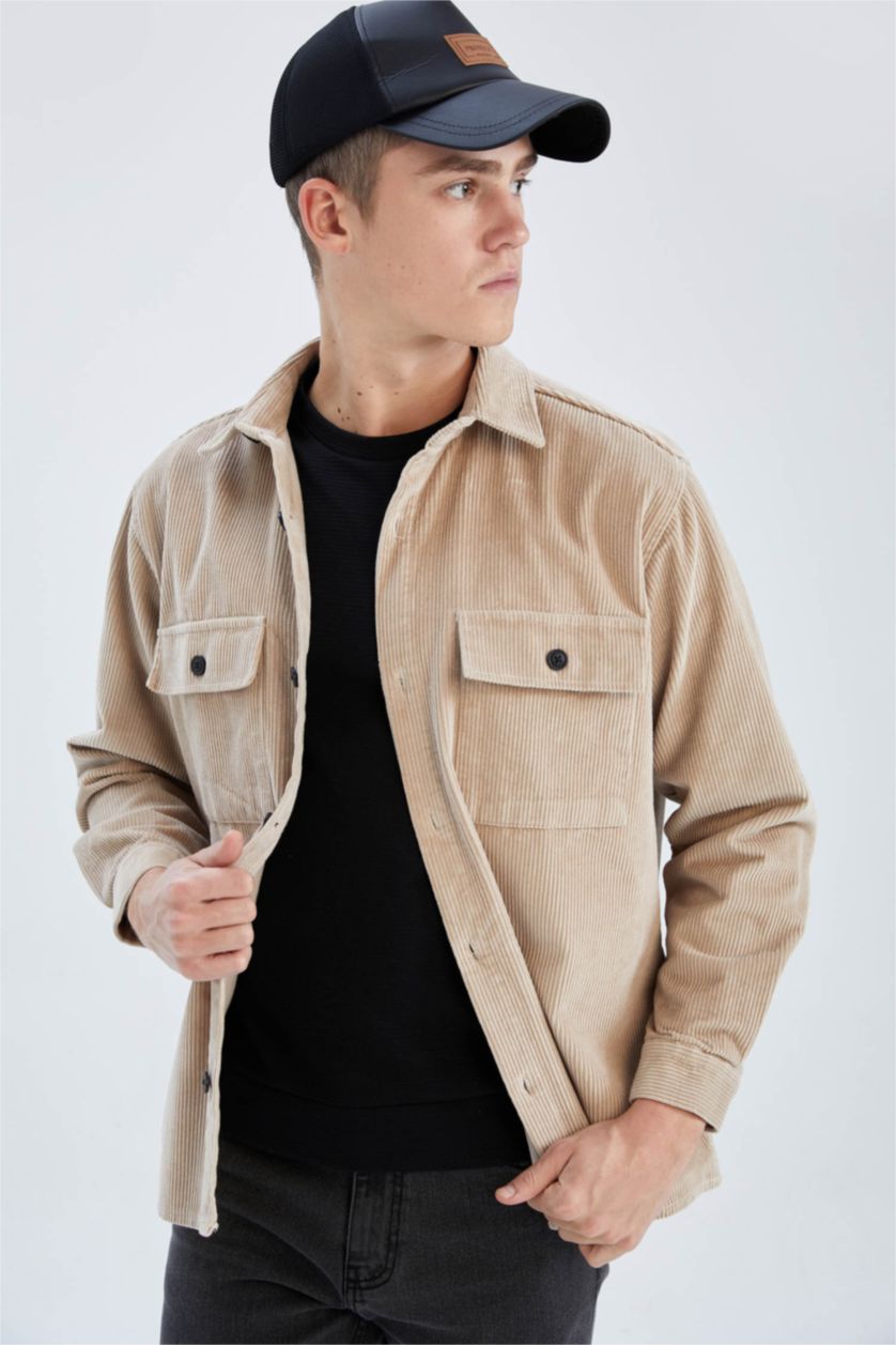 Erkek Kum Relax Fıt Kadife Uzun Kollu Gömlek