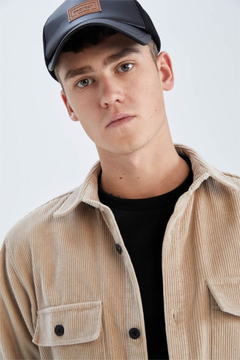 Erkek Kum Relax Fıt Kadife Uzun Kollu Gömlek