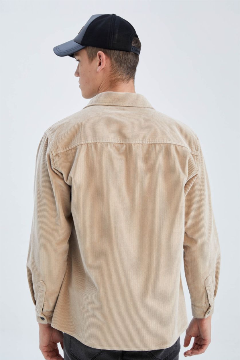 Erkek Kum Relax Fıt Kadife Uzun Kollu Gömlek