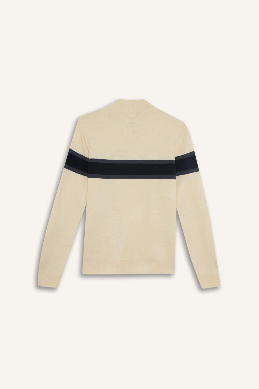 Erkek Kum Slim Fit Dar Kesim Dik Yaka Fermuarlı Renk Bloklu Triko Kazak