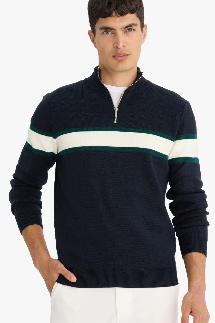 Erkek Lacivert Standart Fit Dik Yaka Fermuarlı Renk Bloklu Triko Kazak