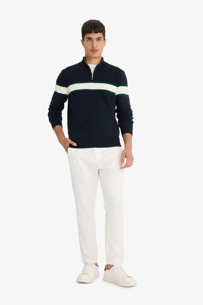 Erkek Lacivert Standart Fit Dik Yaka Fermuarlı Renk Bloklu Triko Kazak