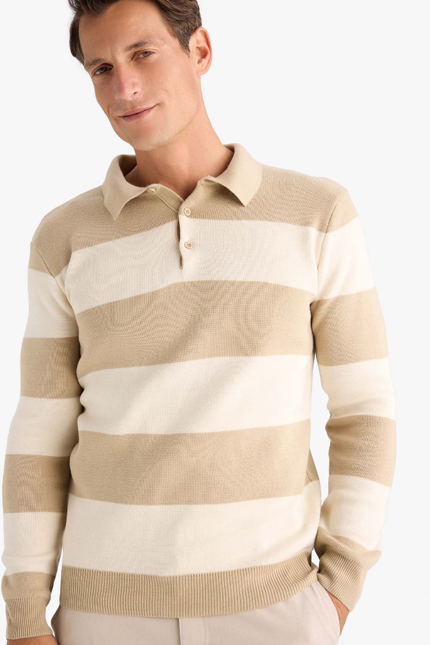 Erkek Bej Standart Fit Polo Yaka Düğmeli Renk Bloklu Triko Kazak