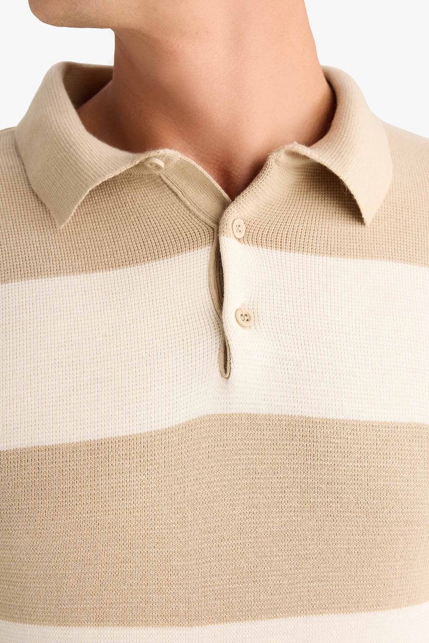 Erkek Bej Standart Fit Polo Yaka Düğmeli Renk Bloklu Triko Kazak