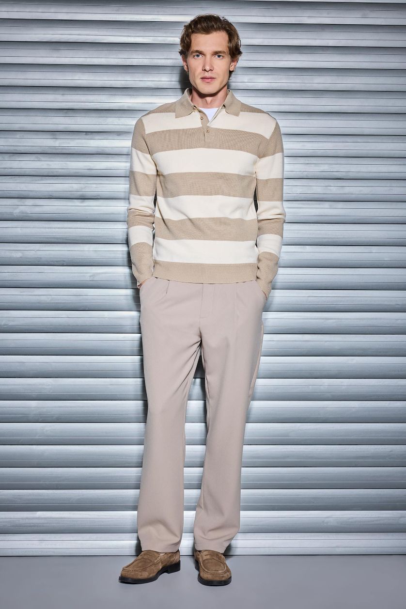 Erkek Kum Standart Fit Polo Yaka Düğmeli Renk Bloklu Triko Kazak