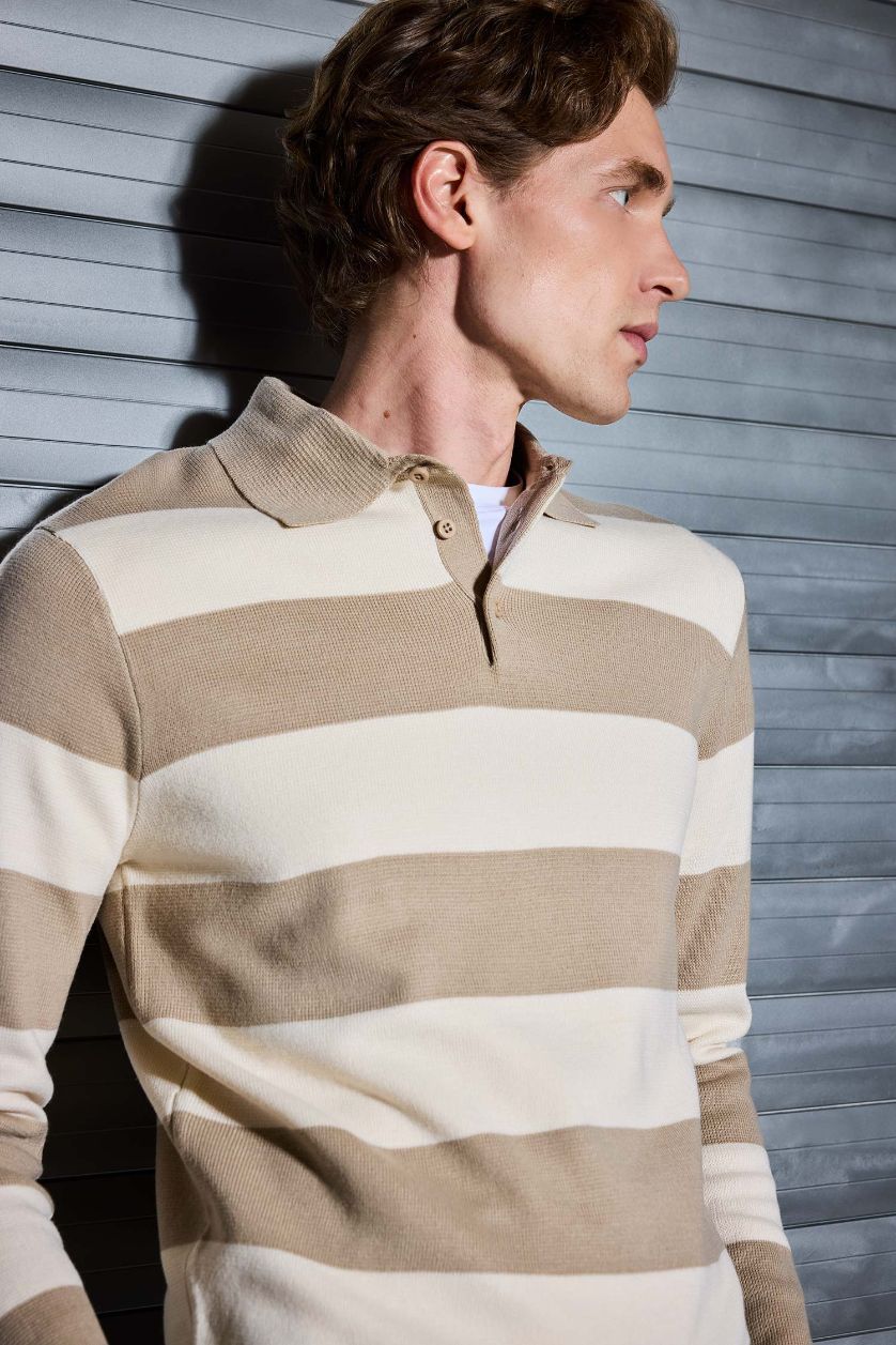 Erkek Kum Standart Fit Polo Yaka Düğmeli Renk Bloklu Triko Kazak