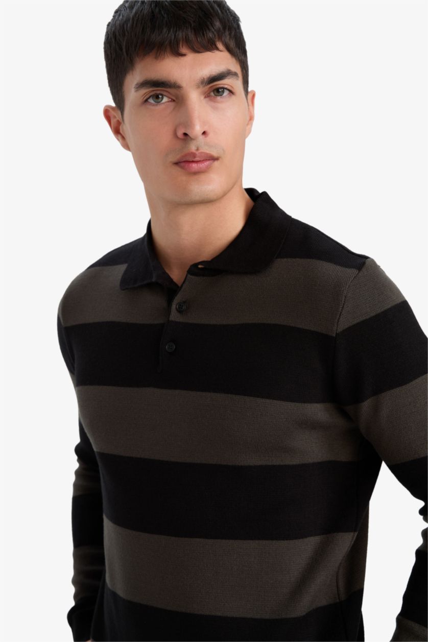 رجالي أسود بلوفر تريكو قصة عادية بياقة بولو