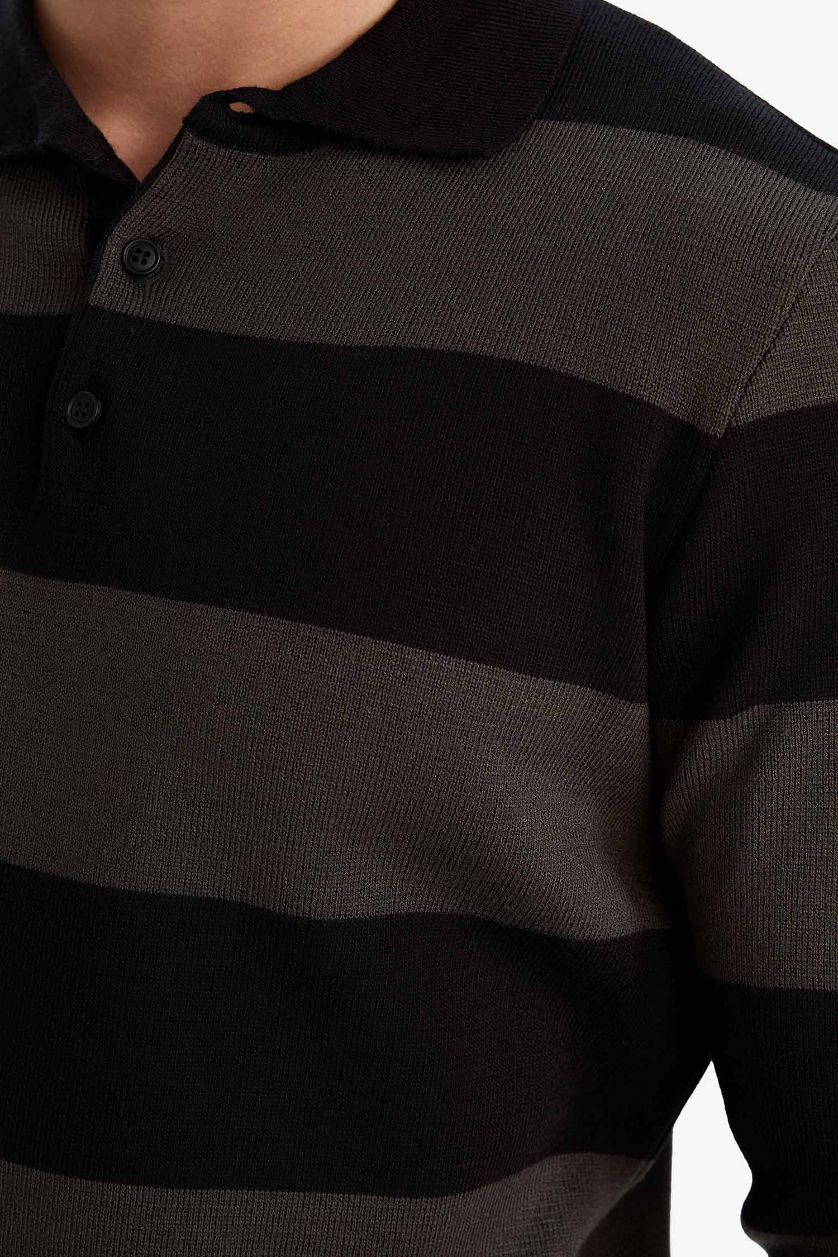 رجالي أسود بلوفر تريكو قصة عادية بياقة بولو